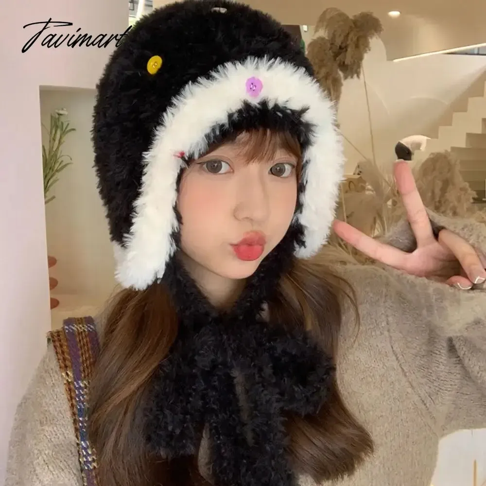 Tavimart Warm Bomber Cap Thickened Warm Plush Cap Knitted Cap Ear Protector Knitted Earflap Hat Colorful Button Design Cap